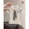 Sweet shawl navy collar short-sleeved t-shirt women's summer design is unique and beautiful, age-reducing wear and chic tops are trendy