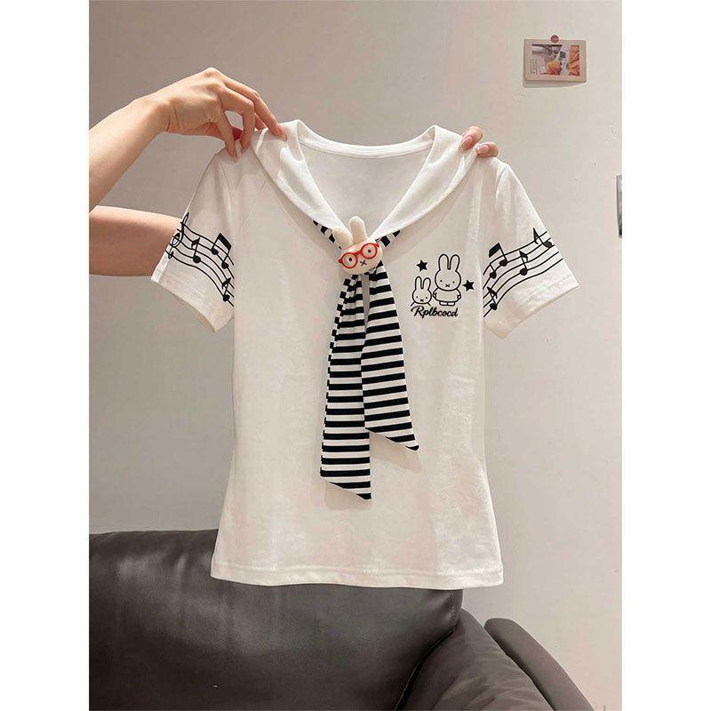 Sweet shawl navy collar short-sleeved t-shirt women's summer design is unique and beautiful, age-reducing wear and chic tops are trendy