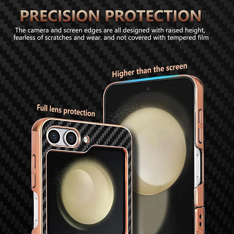 Z Flip7 FE Carbon Fiber Pattern Phone Case for Samsung Galaxy Z Flip 7 6 5 4 3 5G Electroplated Frame Back Cover Coque Etui