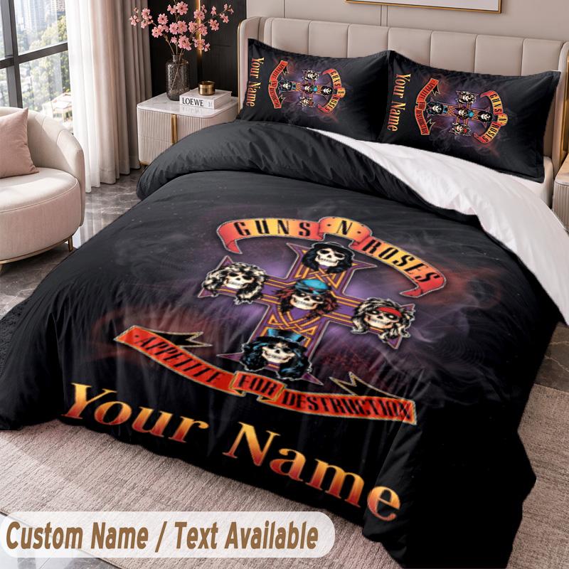 Guns N’ Roses Printed Bedding Set Custom Name Text 1 Duvet Cover 2 Pillowcases For Bedroom