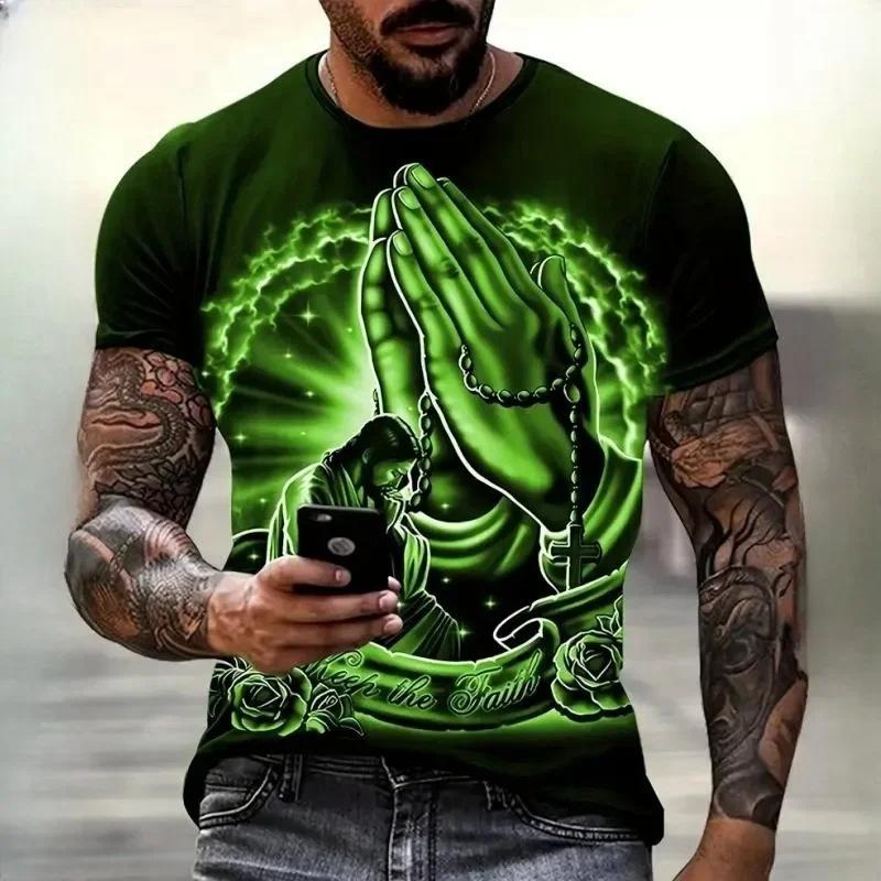 Praying Hands Faith Print Short Sleeve T-shirt, Casual Stylish Graphic Tee