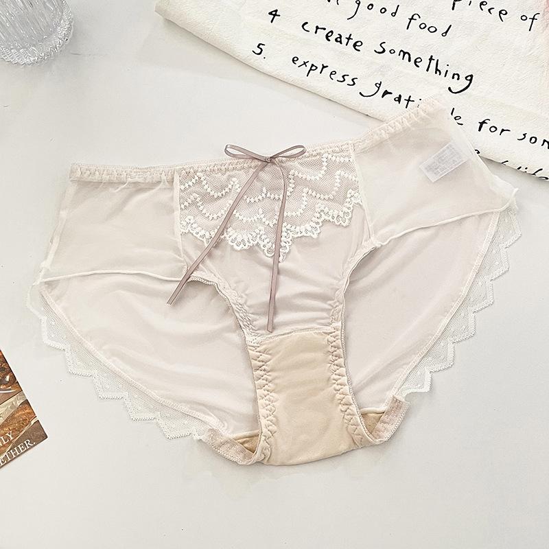 Women's Luxe Satin Mesh Sexy Lace Thin See Through Mid Low Waist Light Cooked Briefs Panties