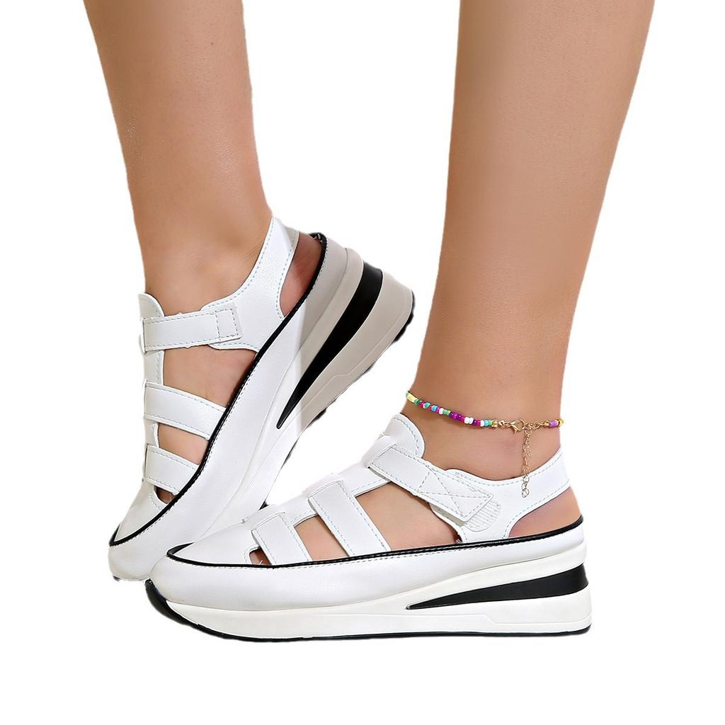  Slope Heel Platform Sandals Large Size Hollow Breathable Solid Color Casual Versatile Sandals Velcro  Shoes