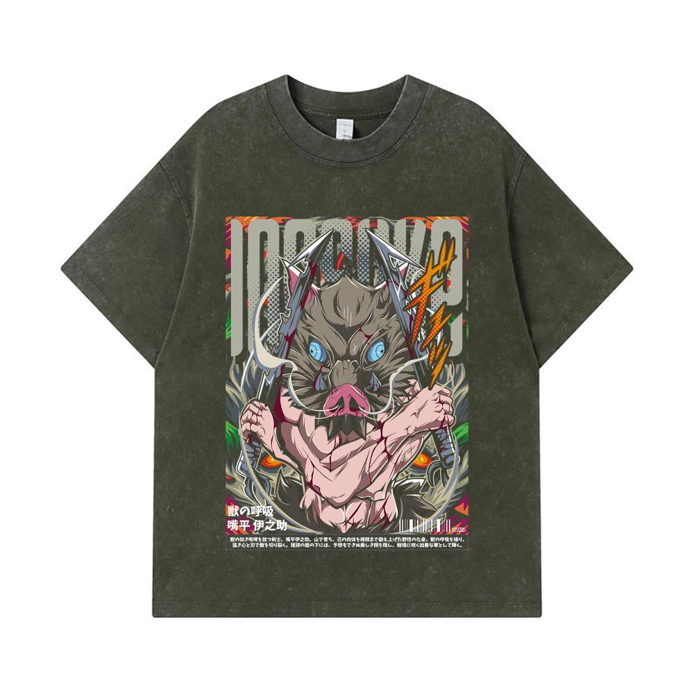 

275 GSM Washed T-shirts 100% Cotton Demon Slayer V96 Inosuke Print Unisex Heavy Cotton T Shirt S армия зеленый