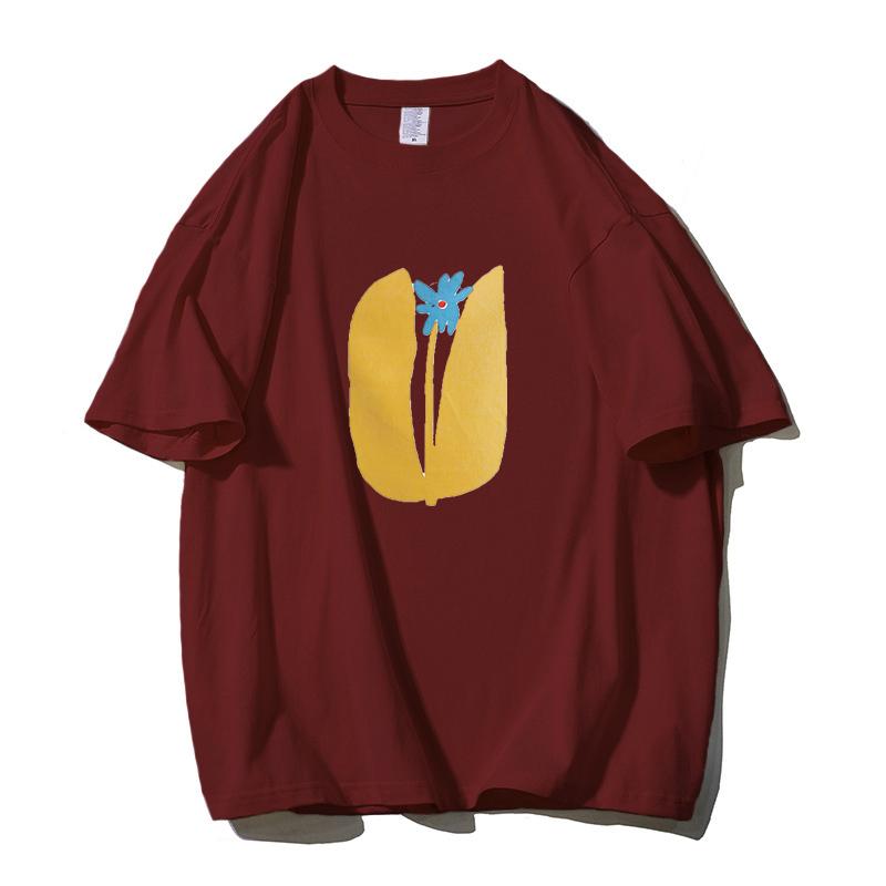 

Shellsuning летние эстетические цветочные футболки женские свободные хлопковые футболки с короткими рукавами с принтом женские повседневные винтажные базовые топы с круглым вырезом 3XL вино красного