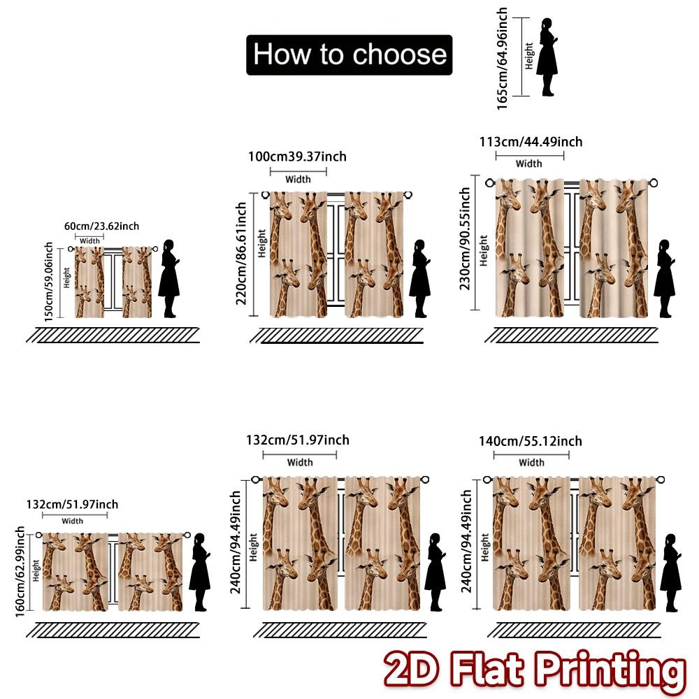 2D FLAT PRINTING 2pcs Curtains (Without Rod) Giraffe Heads Repeat Creative Popular Curtains Versatile Fabric Curtains Versatile