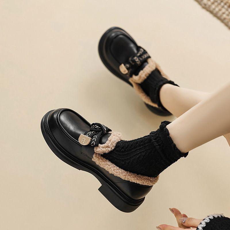 Autumn Winter Women's Genuine Leather Loafers Furry Thickened British Style Fashion Loafers Black Fleece Lined Slip On Shoes