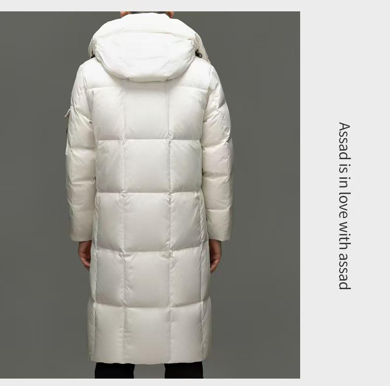 Brand 2025 Men's Winter Hooded Over-the-Knee Long Down Jacket with Fleece Lining