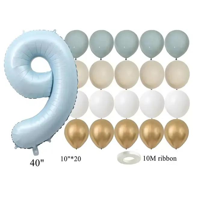 22pcs/set Baby Blue Series Latex Balloon Vintage Blue Foil Number Balloon For Boy's Birthday Party Anniversary Decoration Supply