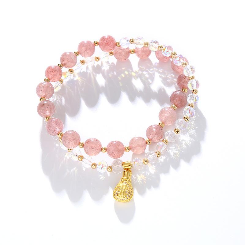 Double circle strawberry crystal bracelet, money bag pendant bracelet. Bangles Women Fashion Jewelry accessories Gift