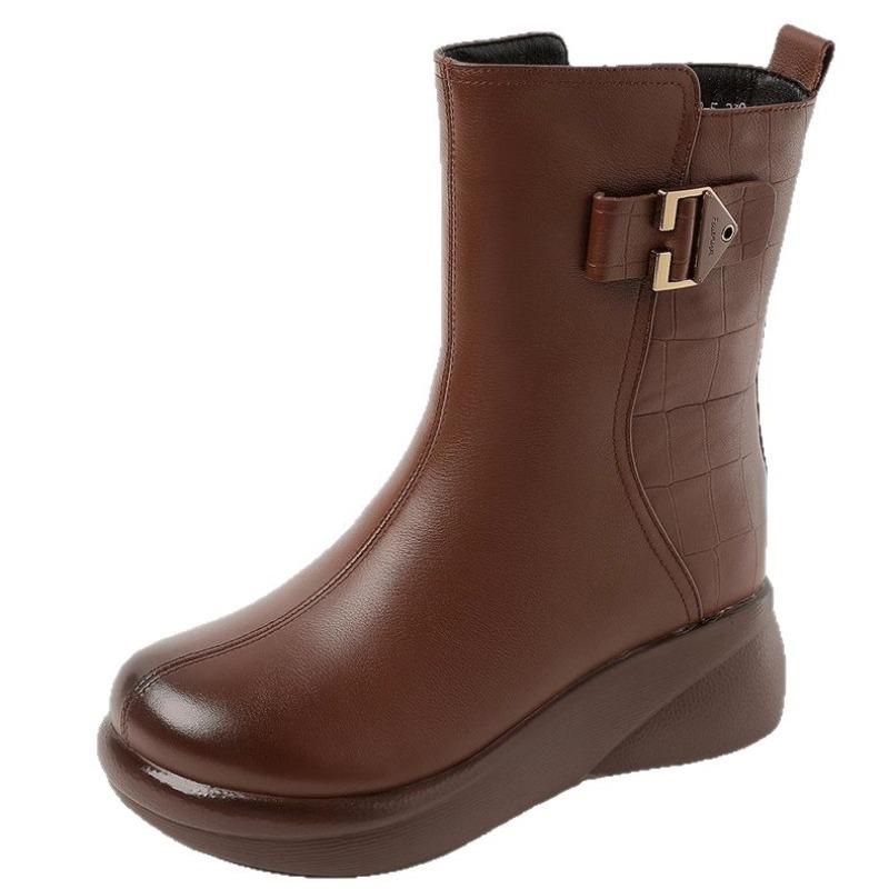 Soft leather soft-soled plush boots winter warm muffin bottom non-slip women's medium boots cotton shoes mother fashion