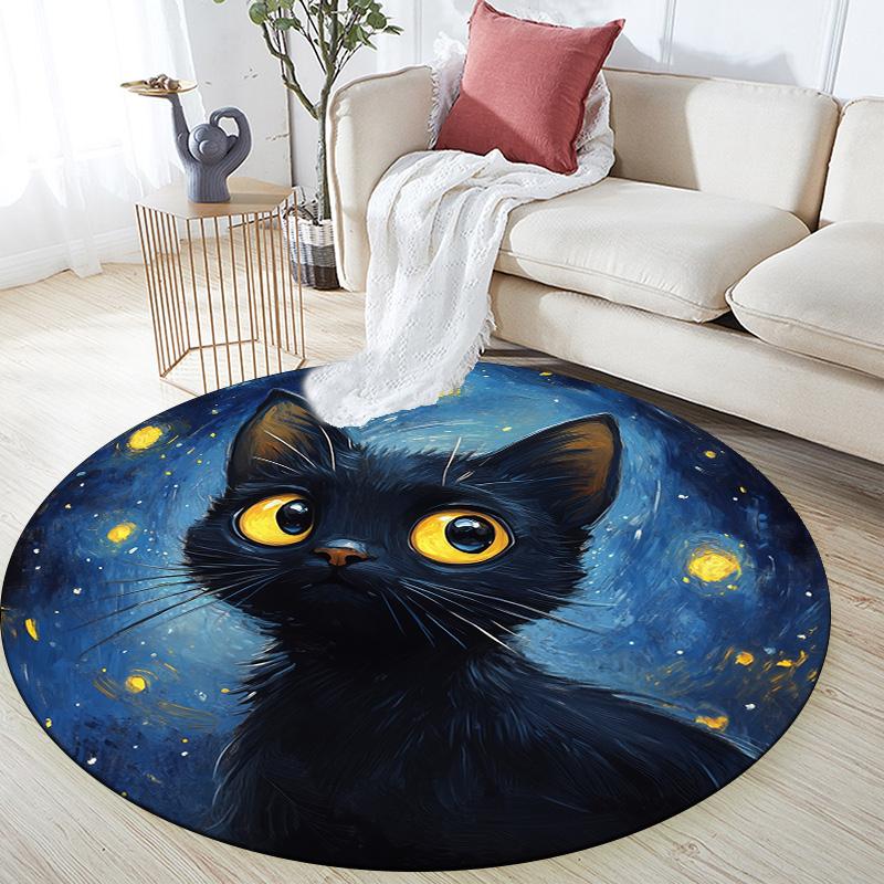 Night Cat Round Area Rug,Carpet Rug for Living Room Bedroom Sofa Playroom Decor,Non-slip Floor Mat