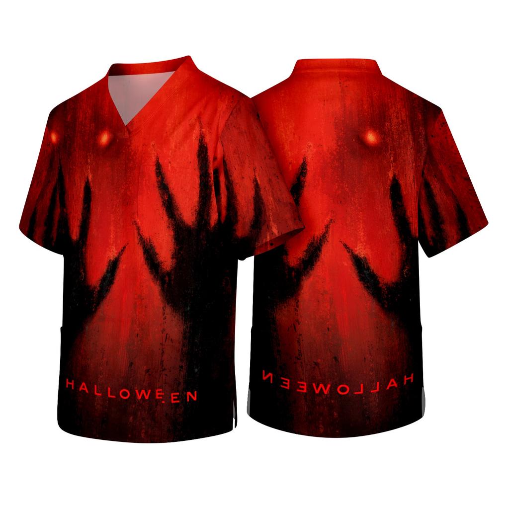 Men's V Neck Short Sleeve Halloween Print Pocket Scrub Top Lightweight Breathable Medical Uniform Shirt for Healthcare Professionals