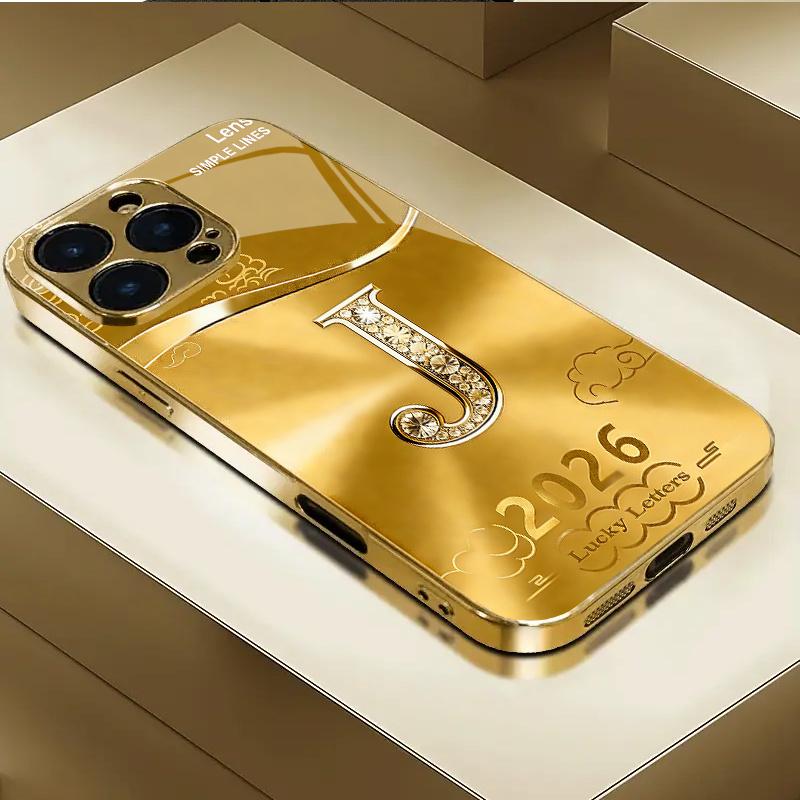 Tempered Glass Phone Case Luxurious PhoneCase Letter“J" Gold Pattern Design For Iphone 17 Air 16 Pro 15 ProMax 14 13 12 11 Plus
