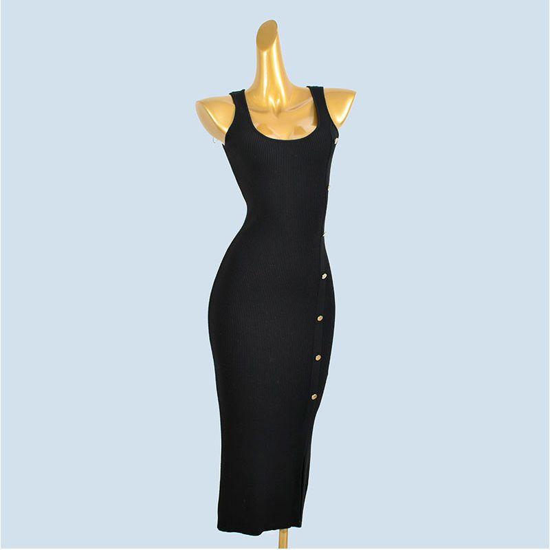 

Export Single Knitted Vest Skirt Women s Spring/Summer Elegance Sleeveless Slit Slim-Fitting Slimming Inner Base Narrow Long Dress Black 10/12