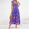 V-neck Backless Pleated Fly Sleeve Printed Dress