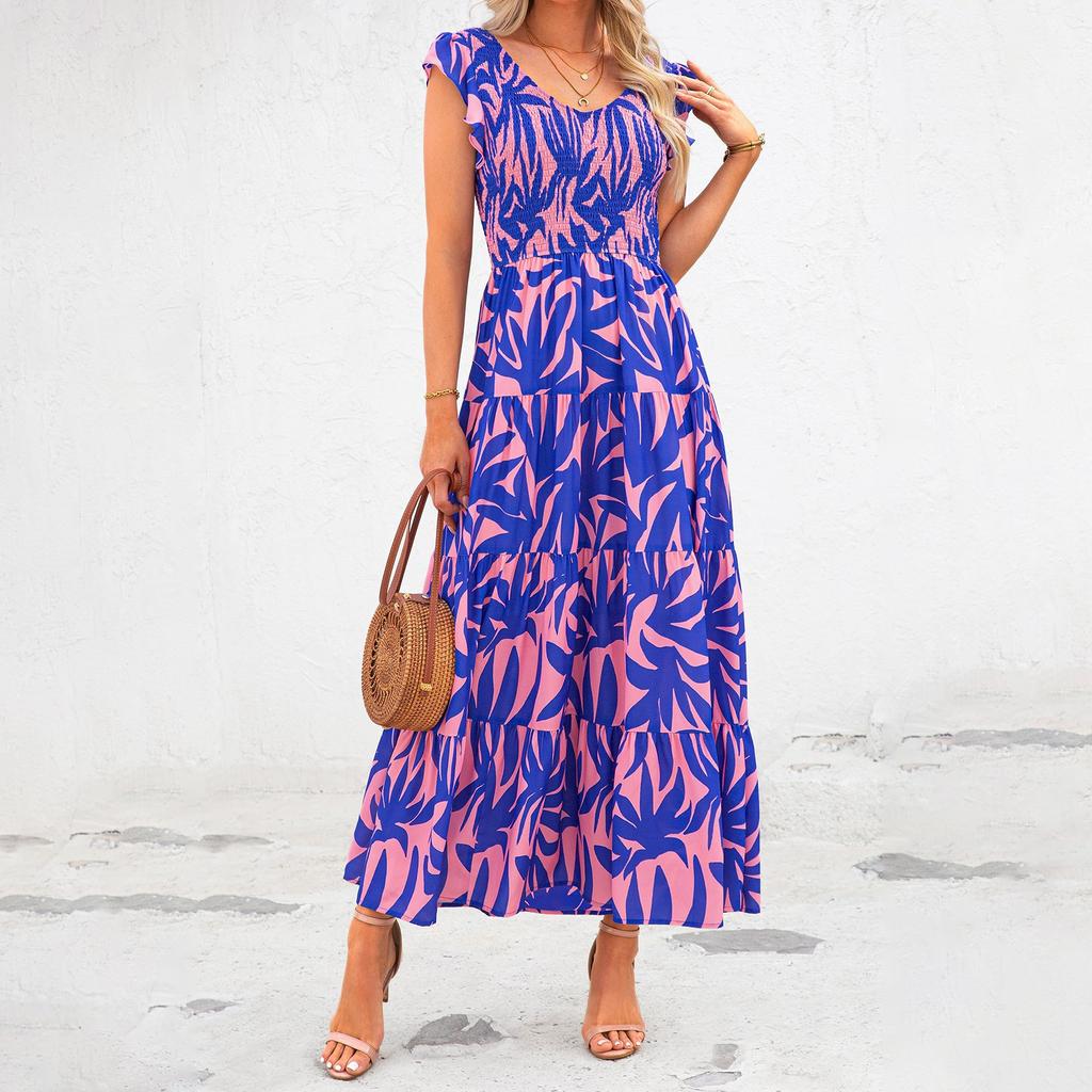 V-neck Backless Pleated Fly Sleeve Printed Dress