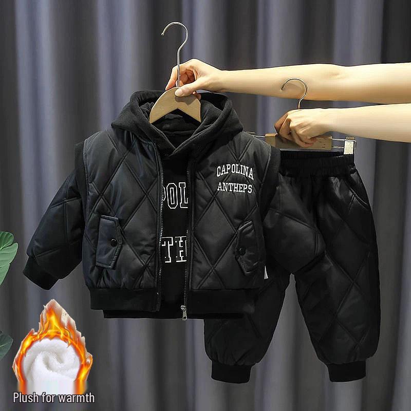 Children's Fleece-Lined Hoodie Set: Padded Vest, Cotton Pants, Baby Outerwear for Autumn & Winter