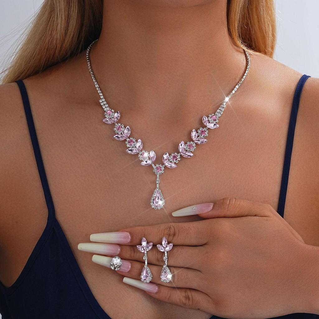 European-American Rhinestone Teardrop Necklace & Earring Set: Korean-Style Bridal Temperament Collarbone Chain Jewelry for Women