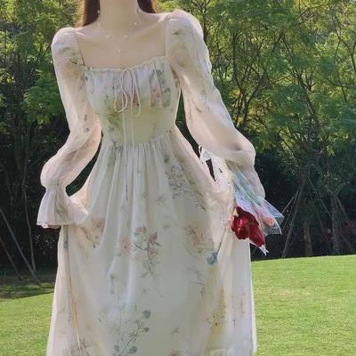Women's Chiffon Floral Long-Sleeved Dress - 2024 Spring/Summer Sweet Forest French Style