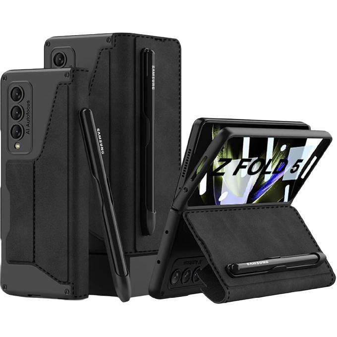 For Samsung Galaxy Z Fold 5 Case, [with S Pen Holder & Card Holder][Kickstand for Full Screen Viewing][Wireless Charging Protective Cover] Slim PU