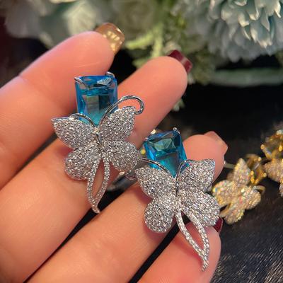 Modemerk Sieraden Creatieve Vierkante Zirkonia Vlinder Dangle Oorbellen S925 Zilveren Pin Luxe Sieraden