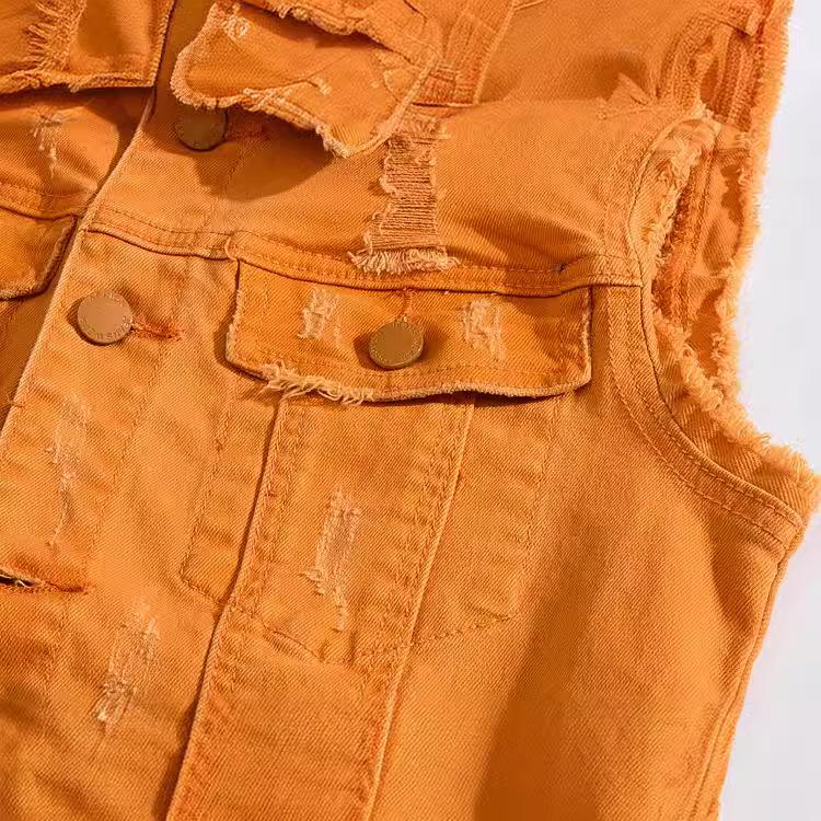 Korean Style Sleeveless Orange Denim Motorcycle Vest for Men