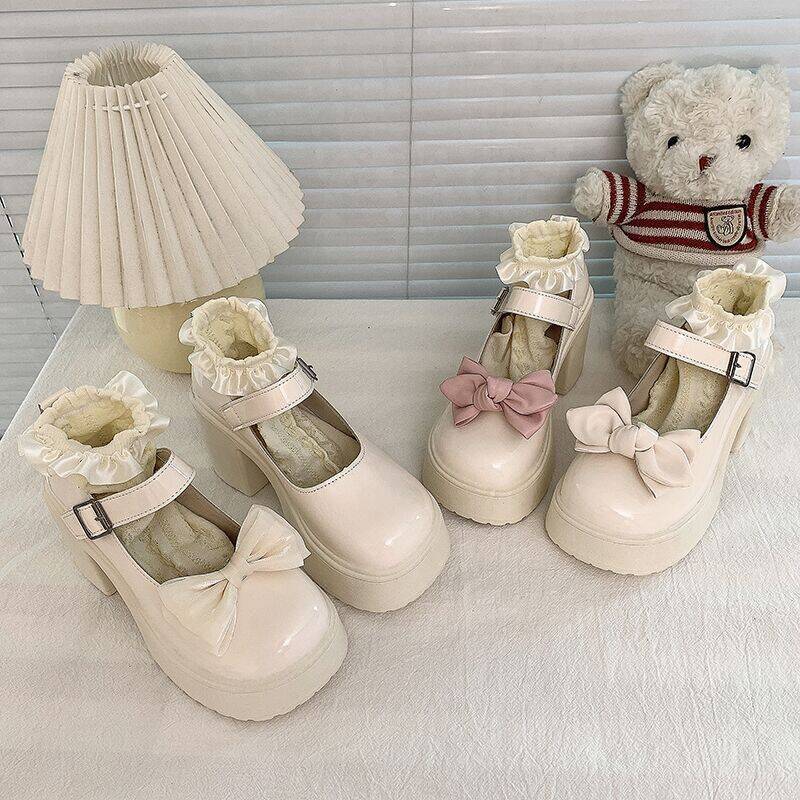 Fashion Women Cute Bowknot Mary Janes Shoes Spring Autumn Platform Fashion Round Toe Thick High Heel Belt Buckle Ladies Lolita Loafers