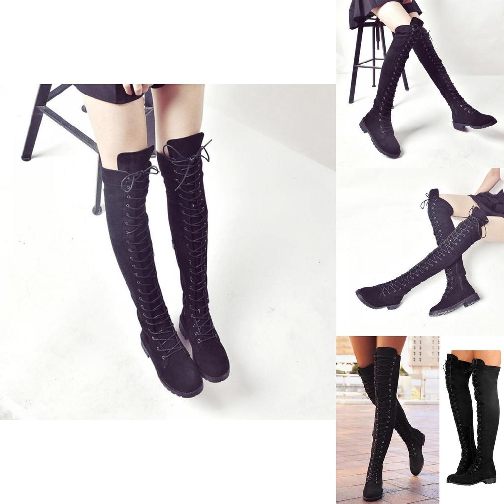 Luxurious Womens Lace Up Low Heel Thigh High Over The Knee Stretch Riding Boots Shoes
