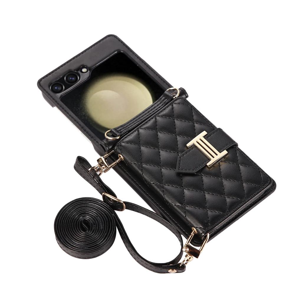 Mode Cross Body Karten Slot Brieftasche Ledertasche für Samsung Galaxy Z Flip 5 4 3 Flip5 Flip4 5G Lanyard Diamant Prägung Strap Schutzhülle