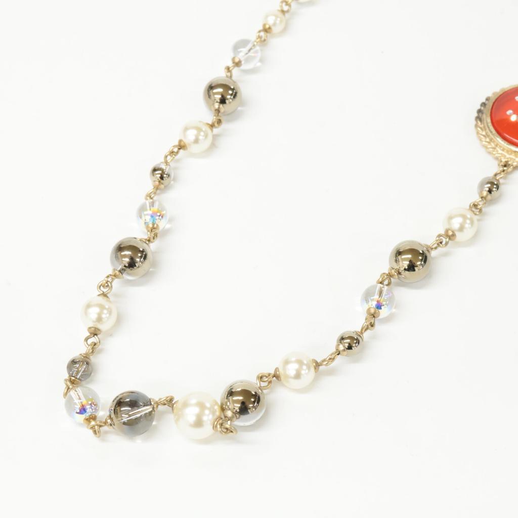 CHANEL A19 C CC Logos Round Plate, Faux Pearl, Long Necklace Light goldUsed