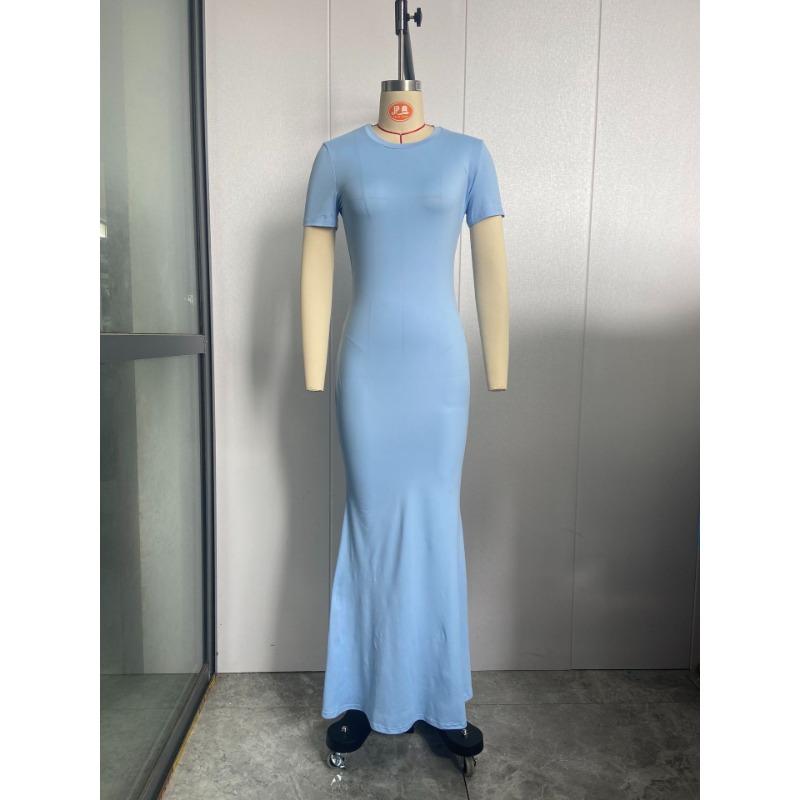 Women's Round Neck Casual Elegant Short Sleeve Tight Long Dresses