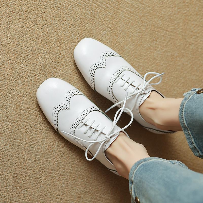 Fashion 2025 Women's New Spring Autumn Square Headed Genuine Leather Carved Lace Up Customized Large Low Heel Fashion Black Single Shoes