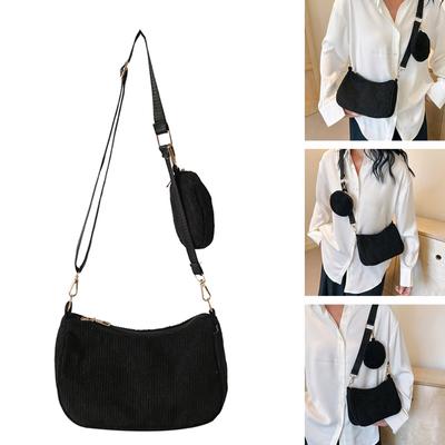 Womens Fashion Solid Color Corduroy Underarm Bag with Coin Purse Pouch Shoulder Crossbody Bag for Shopping Dating Work