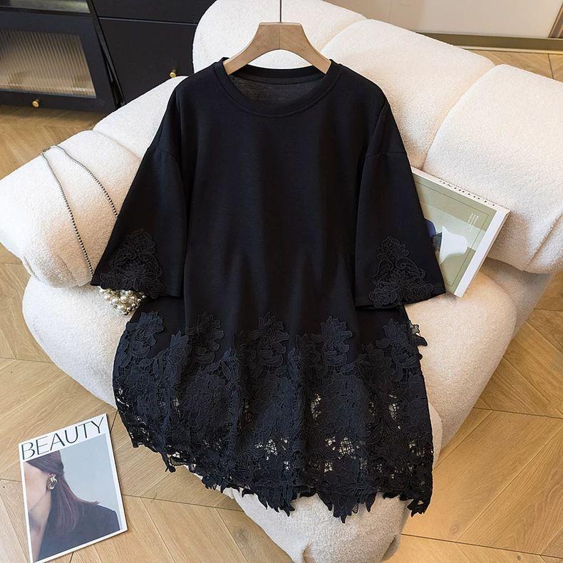 Fashionable Lace Spliced Round Neck Short-sleeved T-shirt for Women In Summer Loose Versatile Top Casual Versatile Pullover