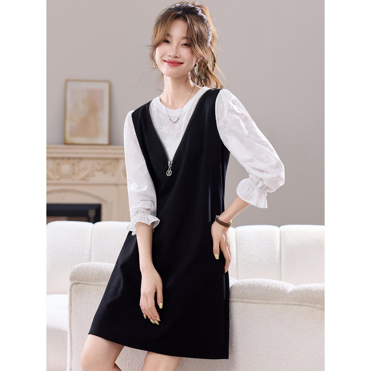 

2025 Early Autumn Women s Mid-Length Colorblock Round Neck Dress - Loose Long-Sleeved XL чёрный