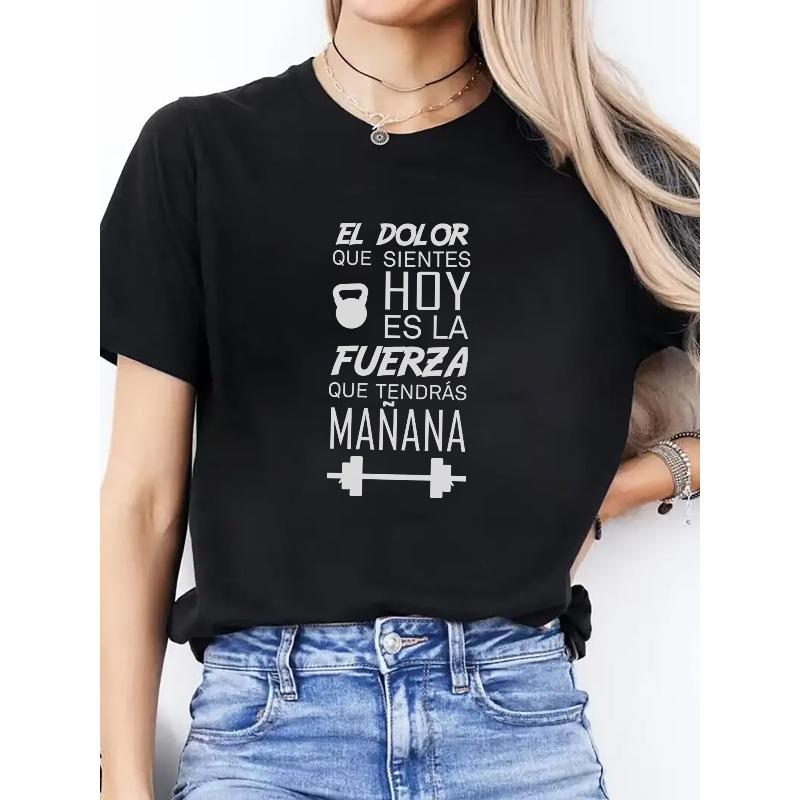 Women'S T-Shirt Featuring Letters And Cartoon Gym Equipment Patterns, Perfect for Summer Fashion, Comfort, And Breathable Short-Sleeve Round Neck
