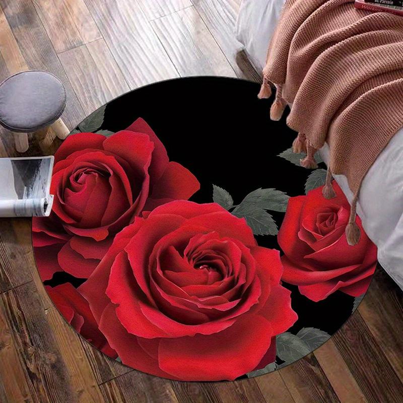 Red rose rug flannel round mat romantic decor bedroom vanity dressing area elegant floral black background luxury feel