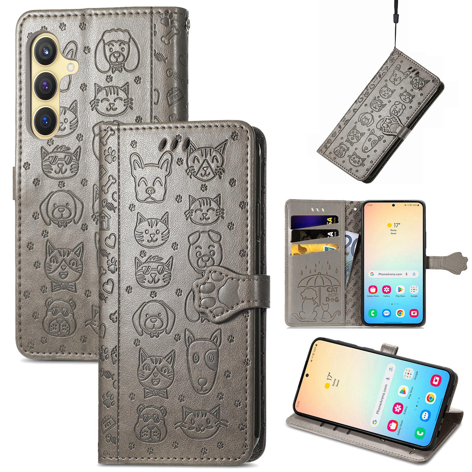 

Кожаный чехол-кошелек для Samsung Galaxy S25+ с откидной крышкой и милым рисунком кошки и собаки A