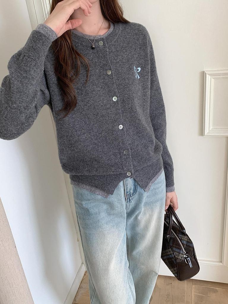 Women's Wool Cardigan: Round Neck Color Block, Embroidered Two-Piece Coco Style Sweater