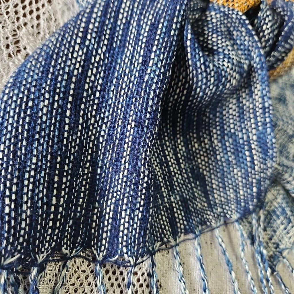 Used New, hand-woven stole, navy (indigo dye) and dark gold