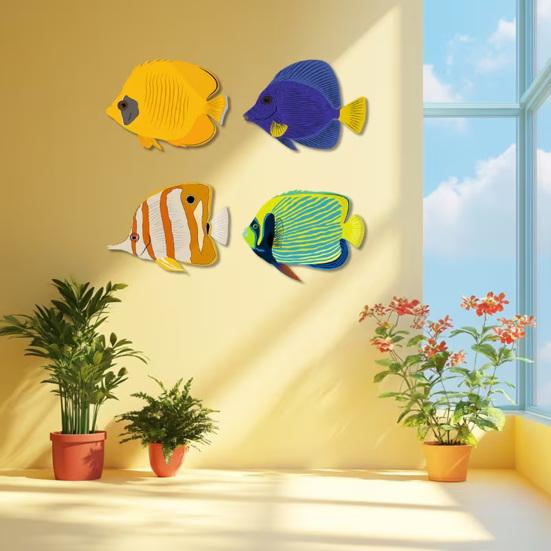 4 Pcs Wood Fish Nautical Wall Decor Rustic Wooden Sea Fish Wall Art Ocean Coastal Theme Hanging Lake House Decor for Bedroom Bathroom