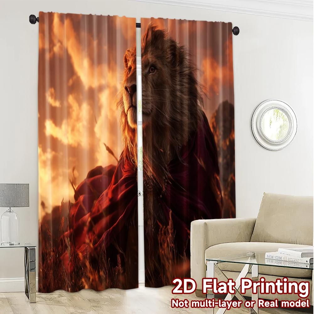 Set aus 2 flachen Druckvorhängen ohne Stange Feuriger Löwe Majestät Schicke Fensterdekoration Polyester Einfach zu installierender Vorhang Hergestellt