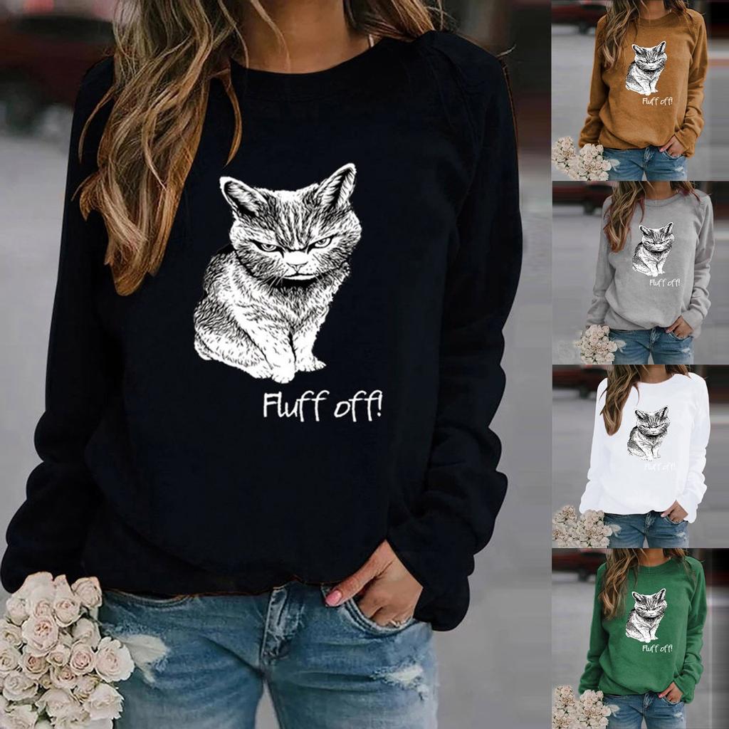 Womens Fashion Leisure Cat Print Long Sleeve Round Neck Casual Loose Tops
