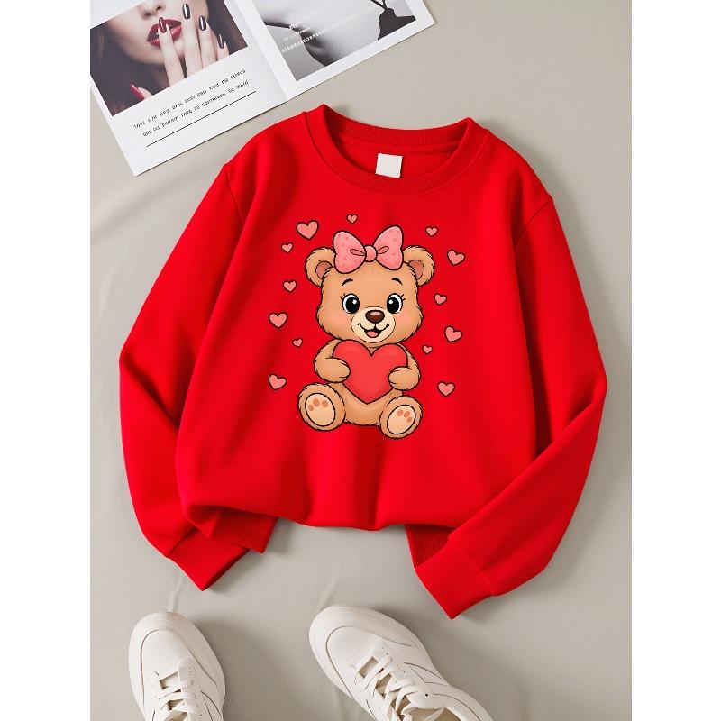 Youth Crewneck Sweatshirt Featuring a Teddy Bear with a Heart on a Pink Backdrop, Suitable for Machine Washing, Perfect for Spring And Autumn