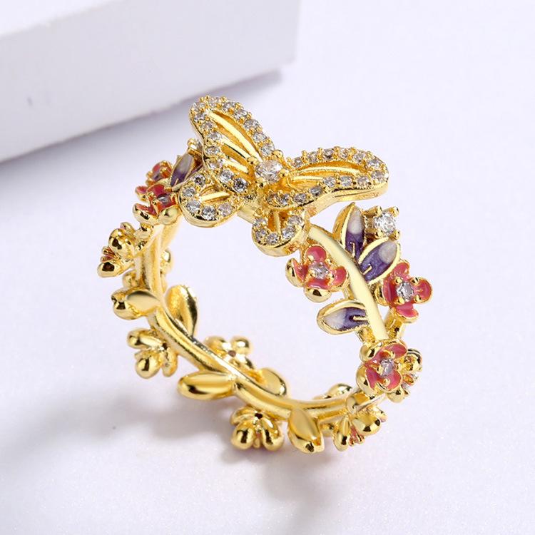 

Пасторальный стиль Бабочка Цветок Эмаль 18k Золото Дамы Кольцо Бабочка Ювелирные Изделия No. 10