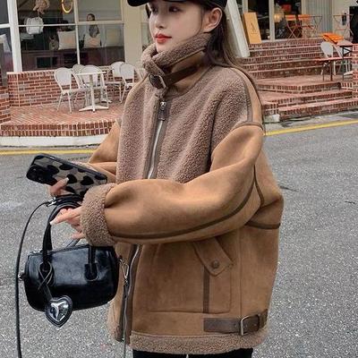 Women's Winter Thickened Short Shearling Patchwork Coat Unique Design Biker Jacket