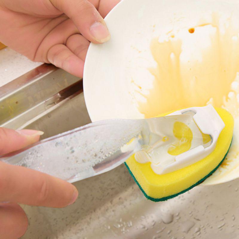 Kitchen Cleaning Supplies Brushing Pot Sponge Brush(Optional 1 Brush With Handle And 2 Refill Replacement Heads), Detachable Handle Adding Cleaner
