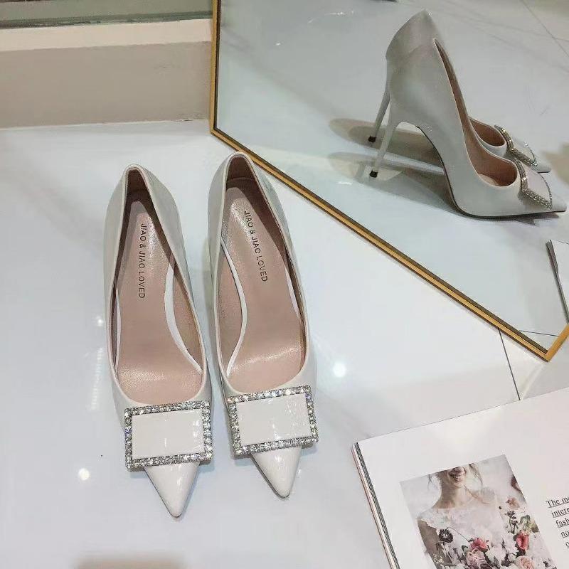 Black patent leather rhinestone high heels new sexy shallow mouth pointed heel square buckle single shoes women
