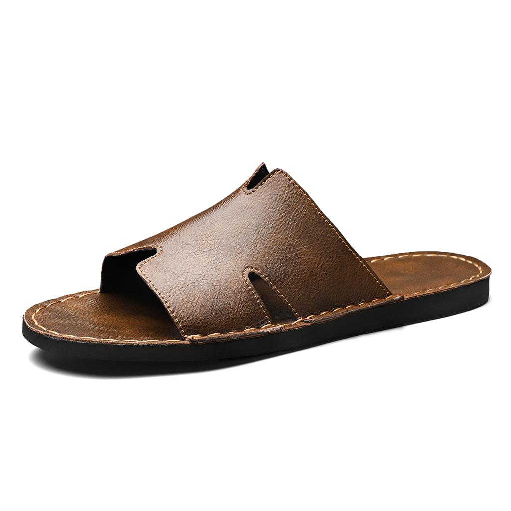 Summer Men's Leather Slippers Casual Beach Sandals Comfortable Non-Slip Mules Sandals for Men